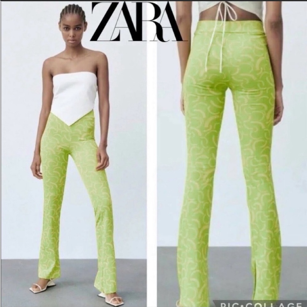 Zara Green & Yellow Patterned Knit Jacquard Flare Pants